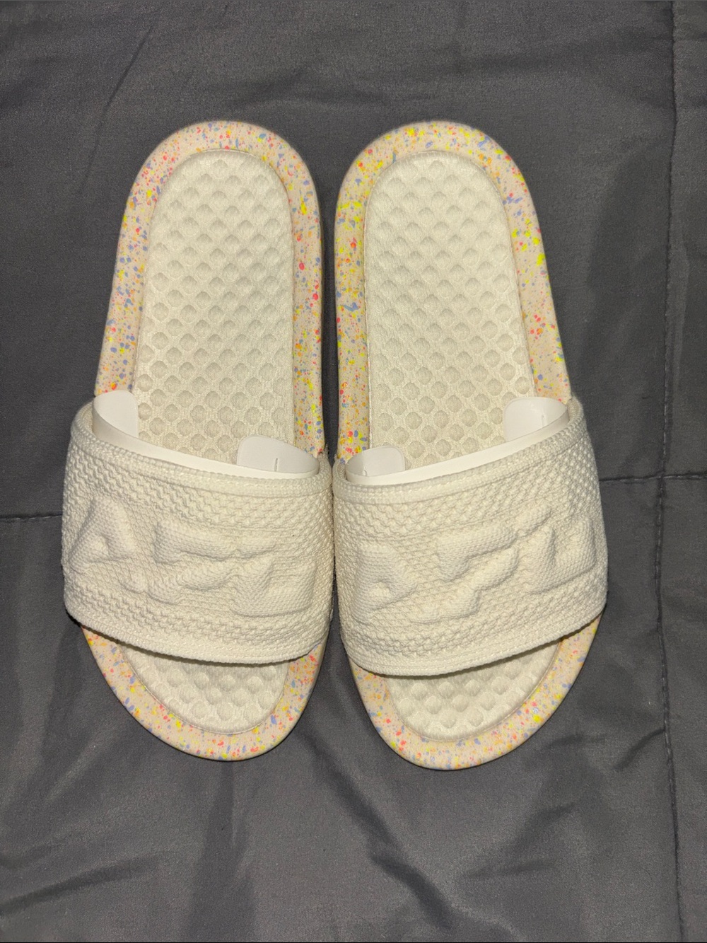 APL White Slide Sandals with Speckled Rainbow Trim